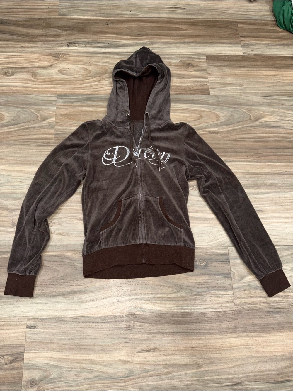 Brown Velour Zip Hoodie with Script Detail